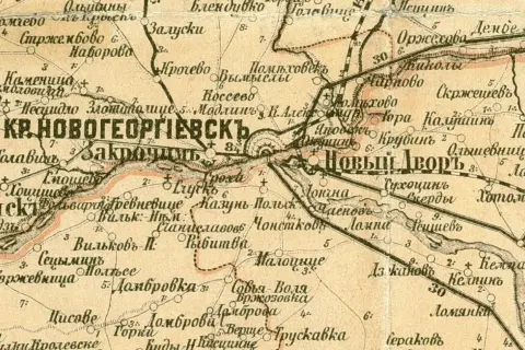 Mapa z zaznaczonymi miejscowościami, w tym Kr. Новогеоргиевскъ i Новый Дворъ. Może to być baza zaginionych dzieł sztuki.
