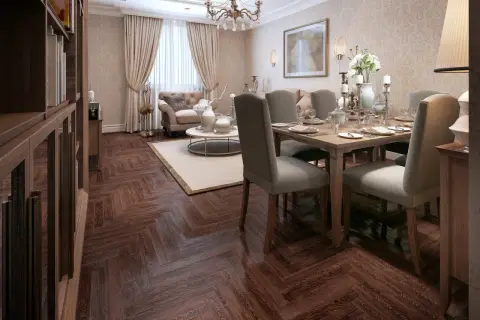Elegancki salon z jadalnią w stylu art deco, z drewnianą podłogą w jodełkę, wygodną sofą i nakrytym stołem.
