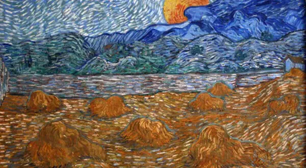 Pole pszenicy z belami siana, rzeka, góry i słońce. To dzieło Vincenta van Gogha, którego imię kojarzy się z tymi barwami.
