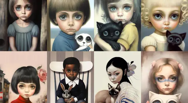 Obrazy w stylu Margaret Keane, z wielkimi oczami dzieci i zwierząt. Może to "Najdroższy Obraz" tej artystki?