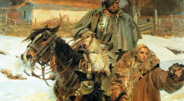 Jerzy Kossak obrazy zaginione: zimowy pejzaż, żołnierz na koniu i kobieta wskazująca drogę.