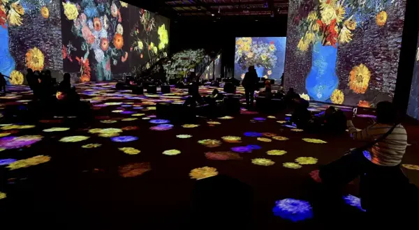 Wystawa Van Gogh: widzowie zanurzeni w projekcjach słoneczników i innych dzieł, siedzą na podłodze oświetlonej kolorowymi plamami.