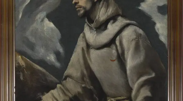 Święty Franciszek w szarym habicie, jedno z dzieł El Greco, z charakterystycznym, wyciągniętym palcem i mistycznym tłem.