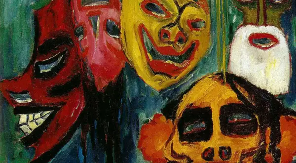 Ekspresjonizm niemiecki malarstwo: intensywne, barwne maski o wyrazistych rysach, emanujące emocjami.