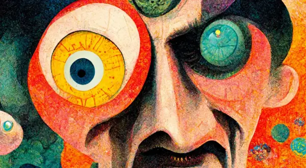 Surrealistyczny portret z wielkimi, kolorowymi oczami, odzwierciedlający chaos i absurd dadaizmu w sztuce.