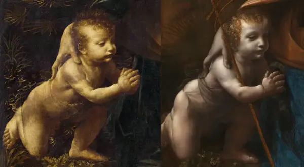 Dziecię Jezus klęczy w grocie, trzymając krzyż. Obok, jego dłoń spoczywa na ramieniu Madonny.