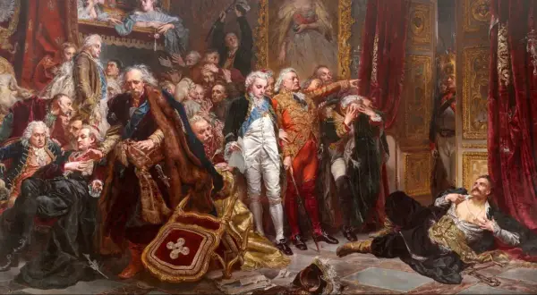 Monumentalne dzieła malarskie o tematyce historycznej ukazujące dramatyczne sceny z życia dworu.