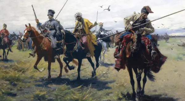 Józef Brandt obrazy: kawalkada konnych wojowników w orientalnych strojach, z bronią białą i palną, na tle stepu.