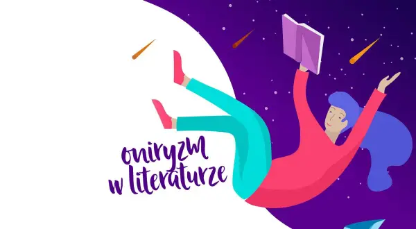 Dziewczyna z książką unosi się w kosmosie, gdzie mieszanie się snu z rzeczywistością tworzy magiczną przestrzeń.