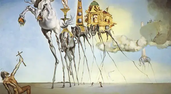 Surrealizm w malarstwie: koń na cienkich nogach, słonie z długimi nogami niosące budowle, postać z krzyżem.