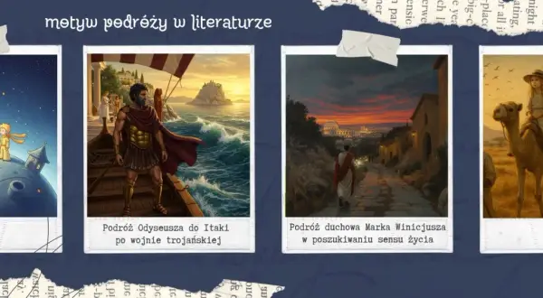 Ilustracje przedstawiają motyw podróży: Mały Książę na planecie, Odyseusz na morzu, Marek Winicjusz w drodze do Rzymu i dzieci na wielbłądach.