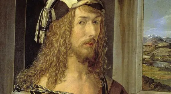 Portret młodego mężczyzny z kręconymi włosami i brodą, w ozdobnym nakryciu głowy. Obraz jednego z znanych malarzy, ukazujący krajobraz w tle.