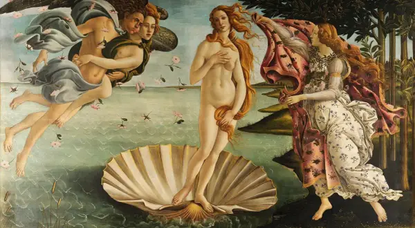 Narodziny Wenus. Idealne proporcje, harmonia i piękno ciała, cechy rzeźby renesansowej, ukazane w scenie mitologicznej.