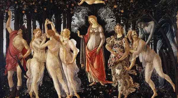 Obraz "Wiosna" Sandra Botticellego: taniec Gracji, Flora, Wenus i Amor w mitycznym ogrodzie.