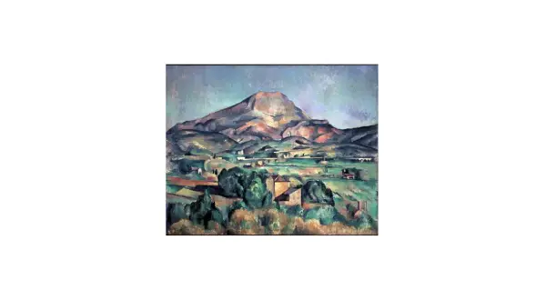 Krajobraz z Mont Sainte-Victoire, jedno z wielu dzieł Paula Cézanne'a, ukazuje górzysty teren z domami i drzewami.