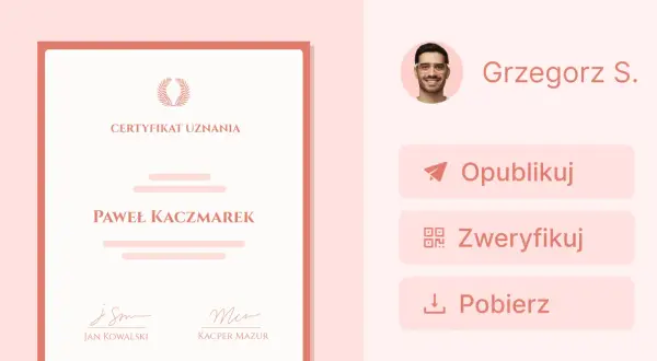 Certyfikat autentyczności obrazu dla Pawła Kaczmarka, wydany przez Grzegorza S. z opcją publikacji i weryfikacji.