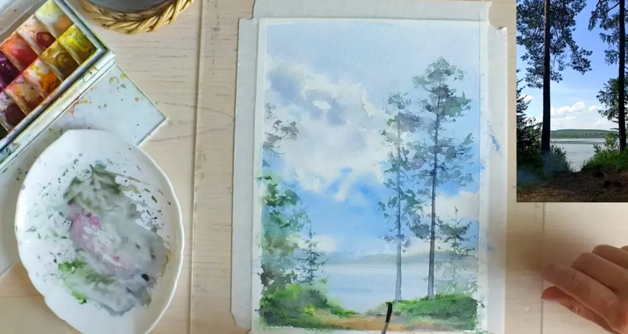 Malowanie wodne krajobrazu z drzewami i jeziorem. Inspiracja dla każdego, kto szuka krajobrazu łatwego do namalowania.
