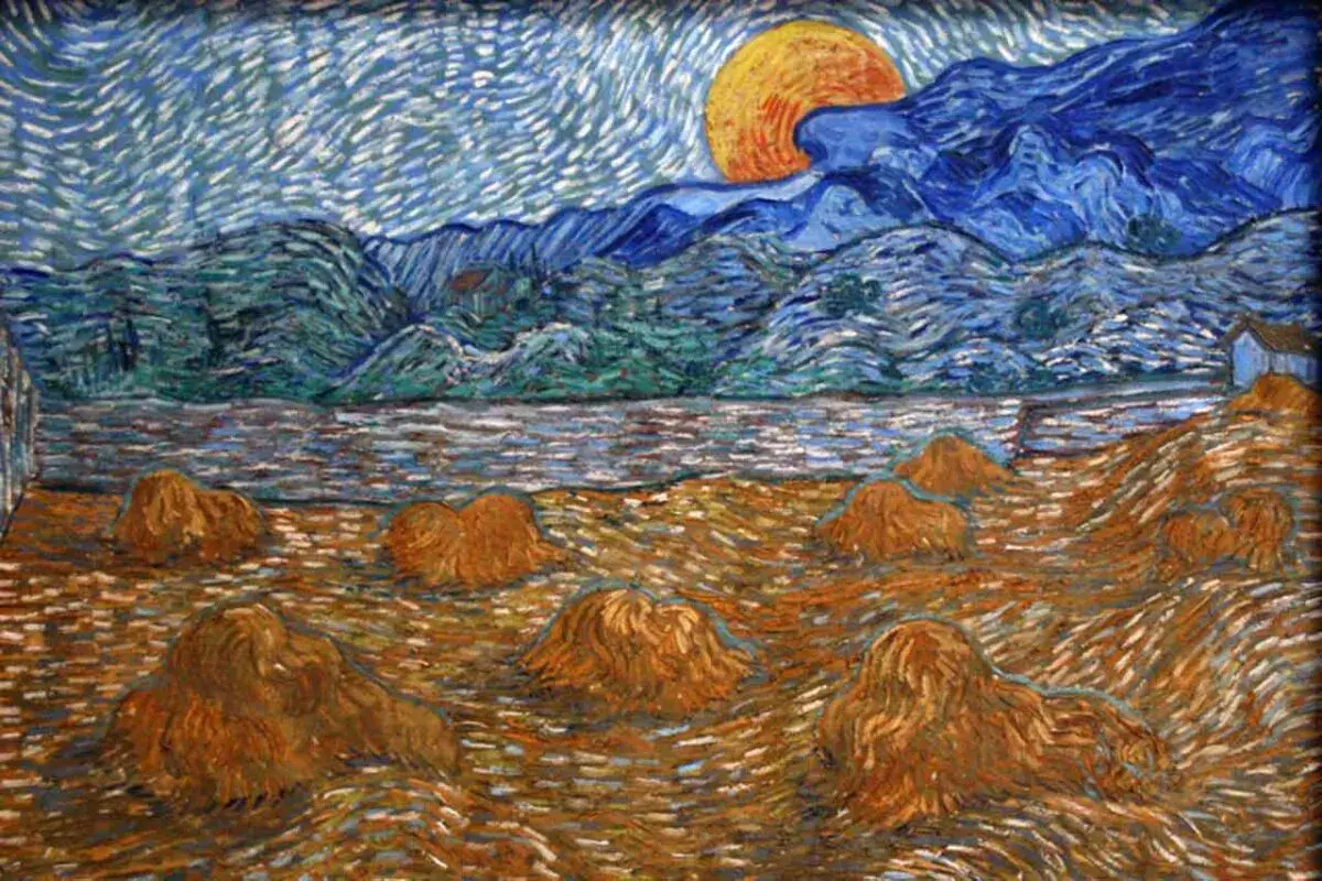 Pole pszenicy z belami siana, rzeka, góry i słońce. To dzieło Vincenta van Gogha, którego imię kojarzy się z tymi barwami.