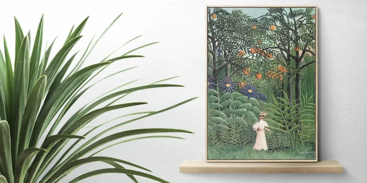 Obraz na płótnie w dżungli z kobietą w białej sukni. Zastanawiasz się, czym czyścić obraz na płótnie?