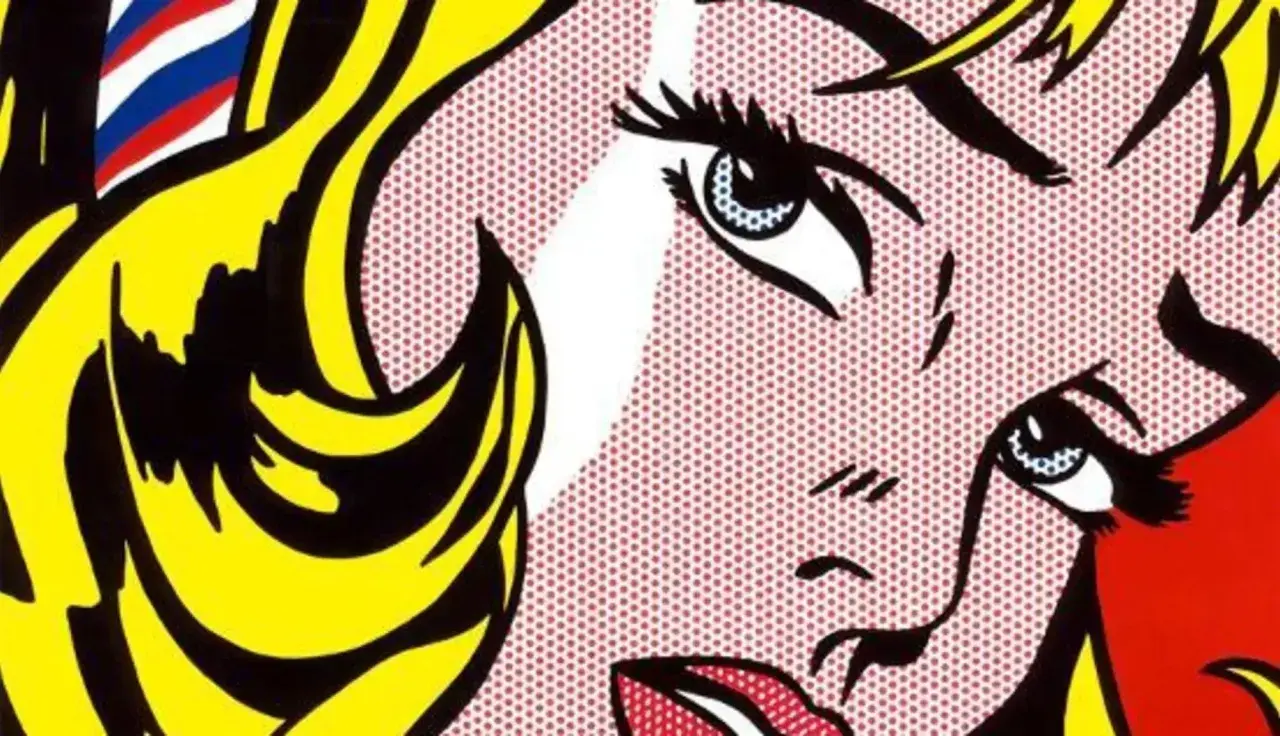 Ikoniczna twarz kobiety w stylu pop art Roy Lichtensteina, z charakterystycznymi kropkami Ben-Day i jaskrawymi kolorami.