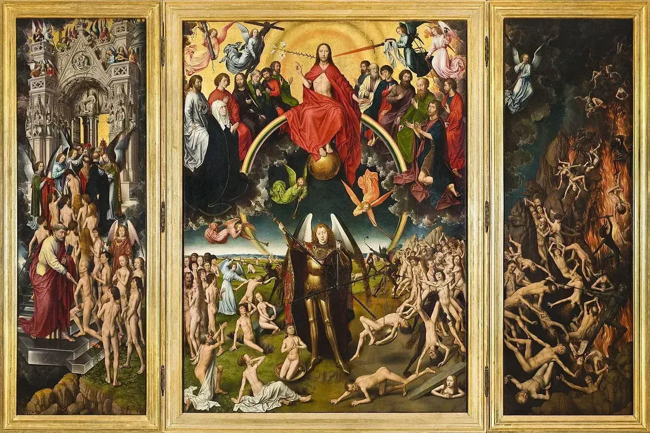 Tryptyk ukazujący Sąd Ostateczny. Symbolizm w malarstwie przykłady: niebo, ziemia i piekło, z Chrystusem w centrum, aniołami, ludźmi i demonami.