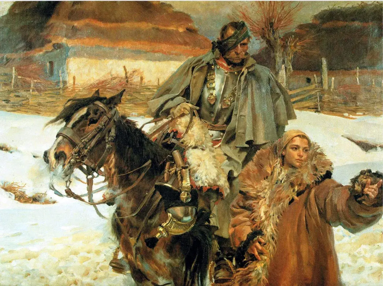 Jerzy Kossak obrazy zaginione: zimowy pejzaż, żołnierz na koniu i kobieta wskazująca drogę.
