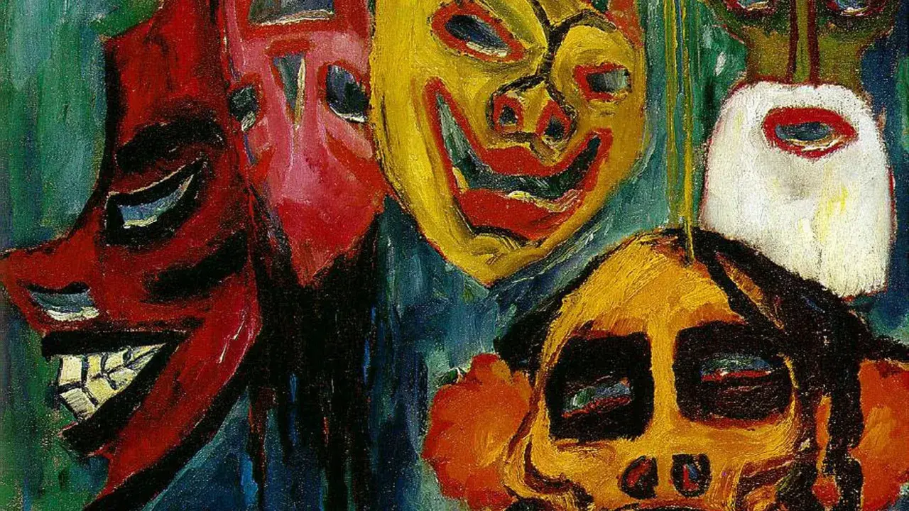 Ekspresjonizm niemiecki malarstwo: intensywne, barwne maski o wyrazistych rysach, emanujące emocjami.