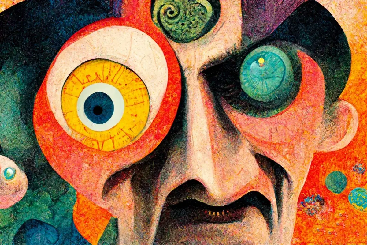 Surrealistyczny portret z wielkimi, kolorowymi oczami, odzwierciedlający chaos i absurd dadaizmu w sztuce.
