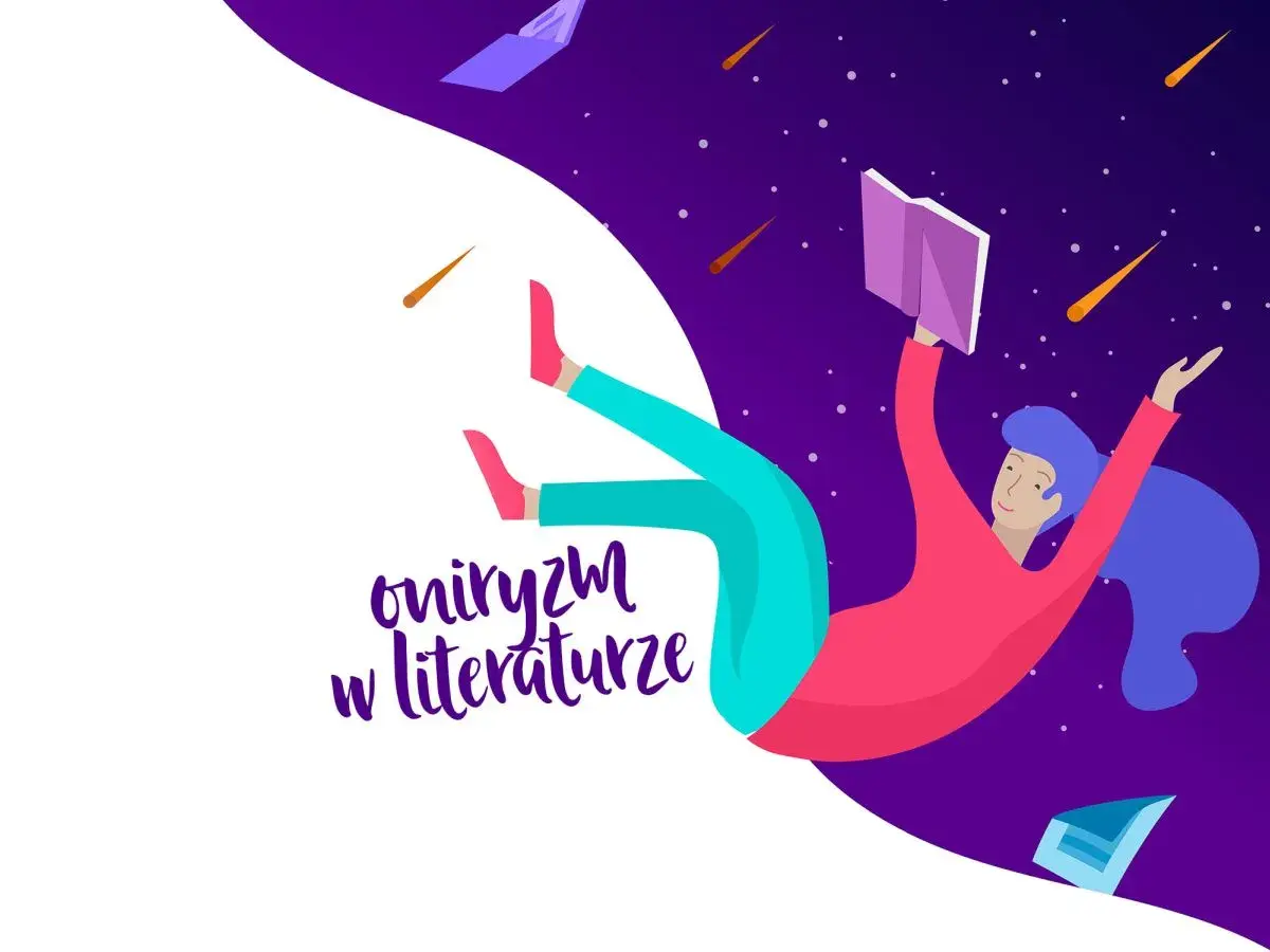 Dziewczyna z książką unosi się w kosmosie, gdzie mieszanie się snu z rzeczywistością tworzy magiczną przestrzeń.