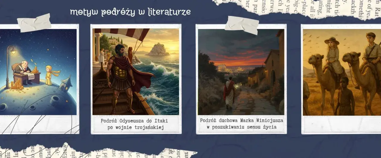 Ilustracje przedstawiają motyw podróży: Mały Książę na planecie, Odyseusz na morzu, Marek Winicjusz w drodze do Rzymu i dzieci na wielbłądach.