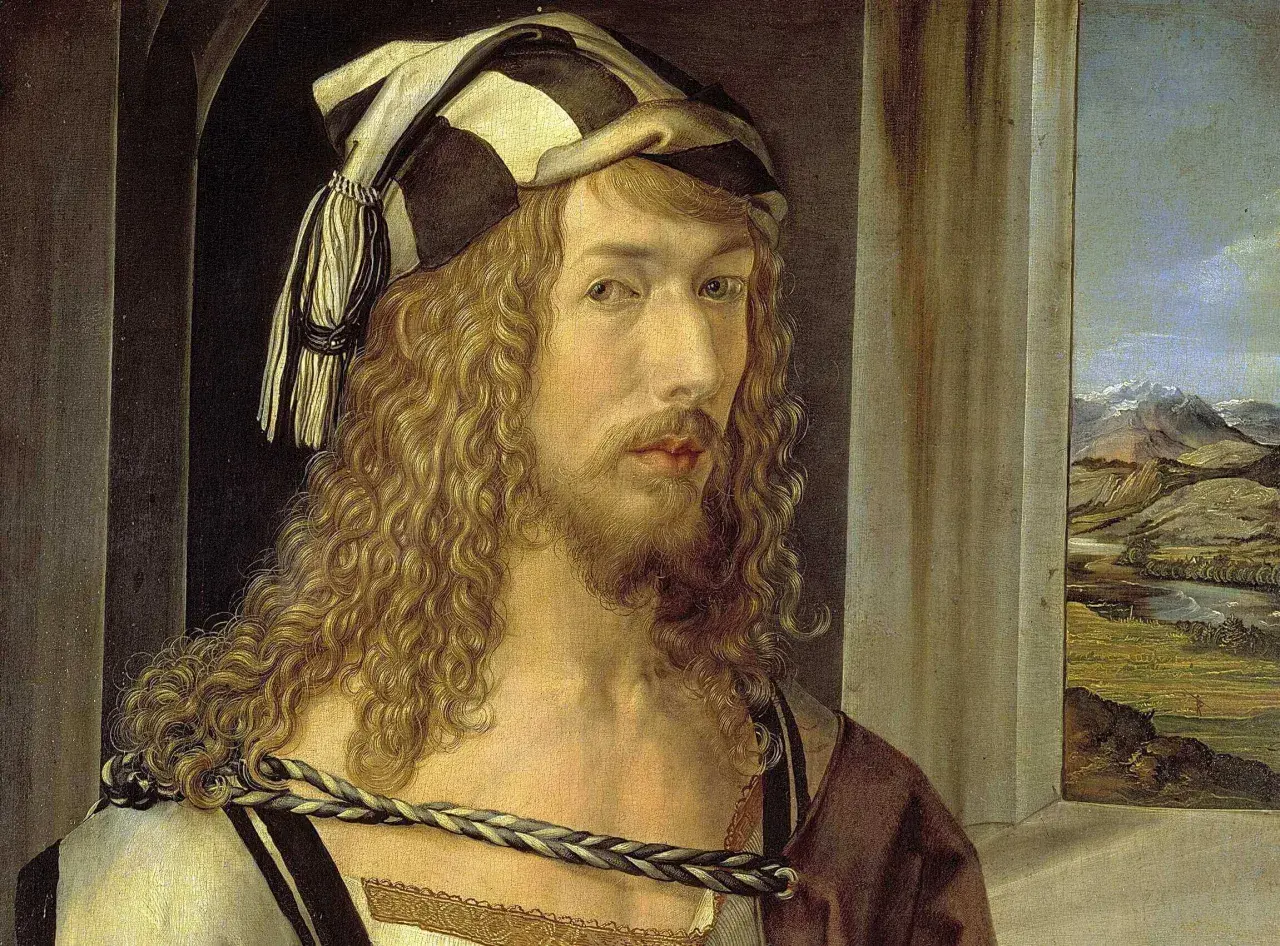 Portret młodego mężczyzny z kręconymi włosami i brodą, w ozdobnym nakryciu głowy. Obraz jednego z znanych malarzy, ukazujący krajobraz w tle.