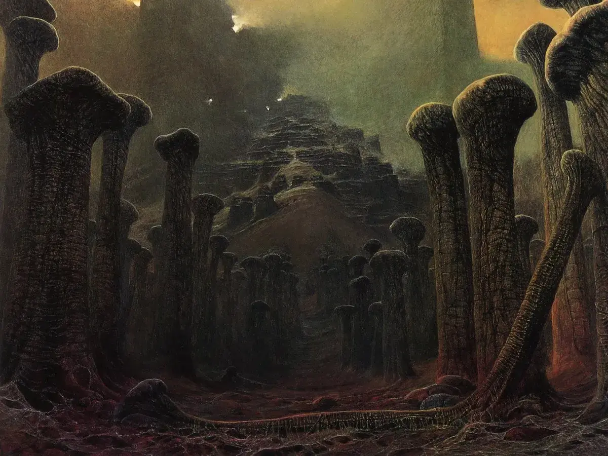 Mroczny, surrealistyczny krajobraz z grzybopodobnymi formacjami i schodkową górą w tle. To obraz końca świata, pełen niepokoju i tajemnicy.