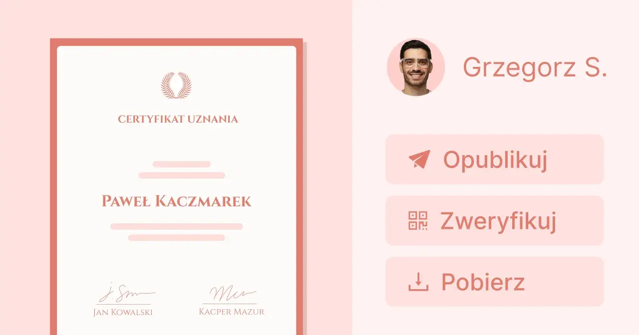 Certyfikat autentyczności obrazu dla Pawła Kaczmarka, wydany przez Grzegorza S. z opcją publikacji i weryfikacji.