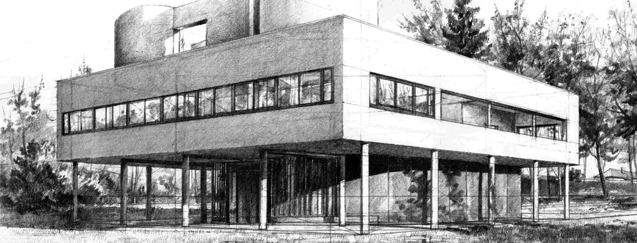 Realistyczne rysunki przedstawiają modernistyczny dom na palach, otoczony drzewami.