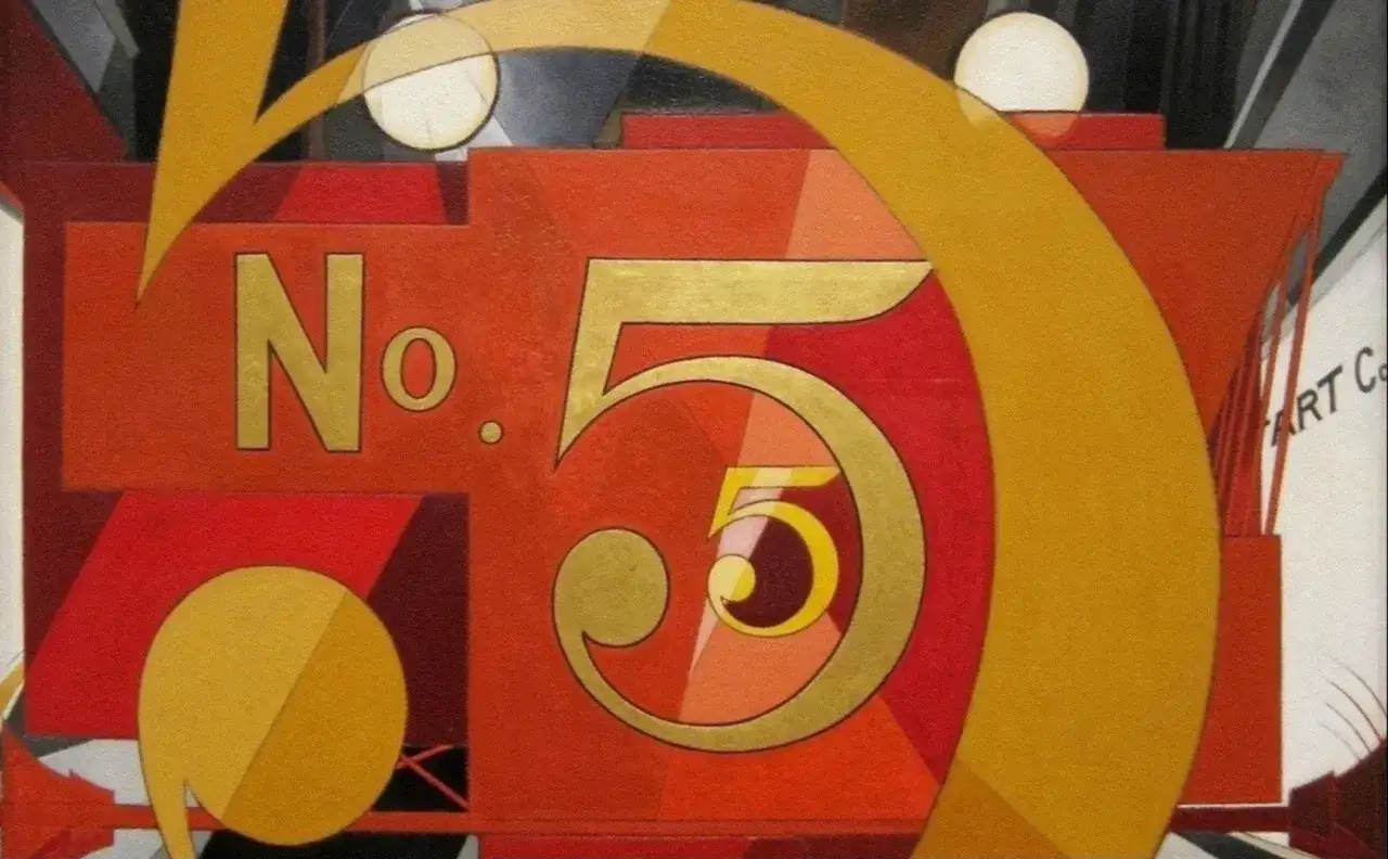 Pop art w stylu retro z dominującym złotym numerem 5 na czerwonym tle.