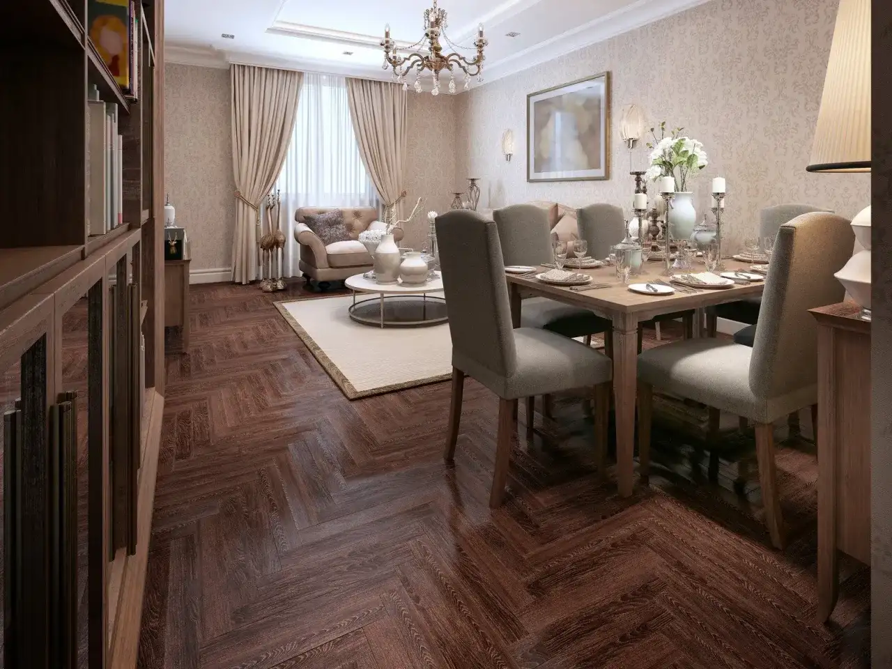 Elegancki salon z jadalnią w stylu art deco, z drewnianą podłogą w jodełkę, wygodną sofą i nakrytym stołem.
