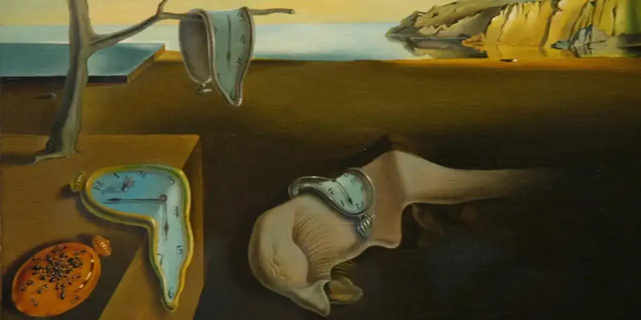 Salvador Dalí i upływ czasu: topniejące zegary na pustynnym krajobrazie, symbolizujące ulotność chwili.