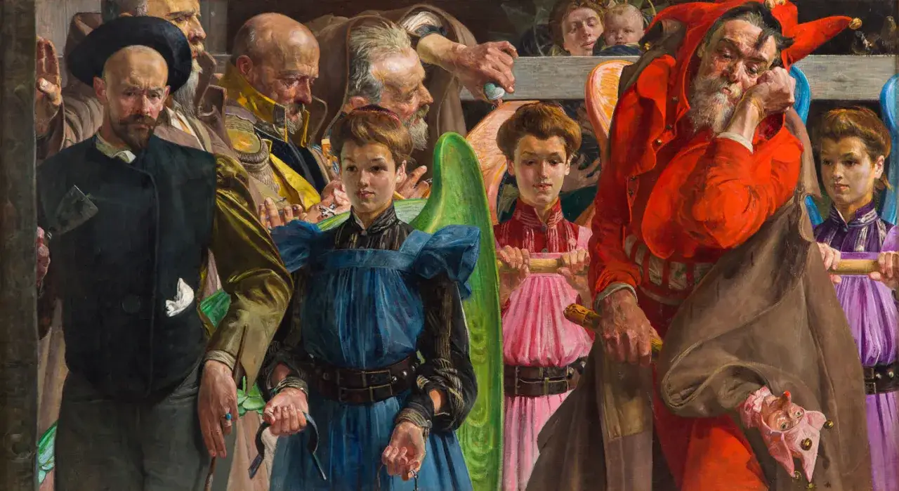 Malczewski uchwycił tu surrealistyczną rzeczywistość: postacie w strojach cyrkowych i anielskich, wśród nich zamyślony błazen.