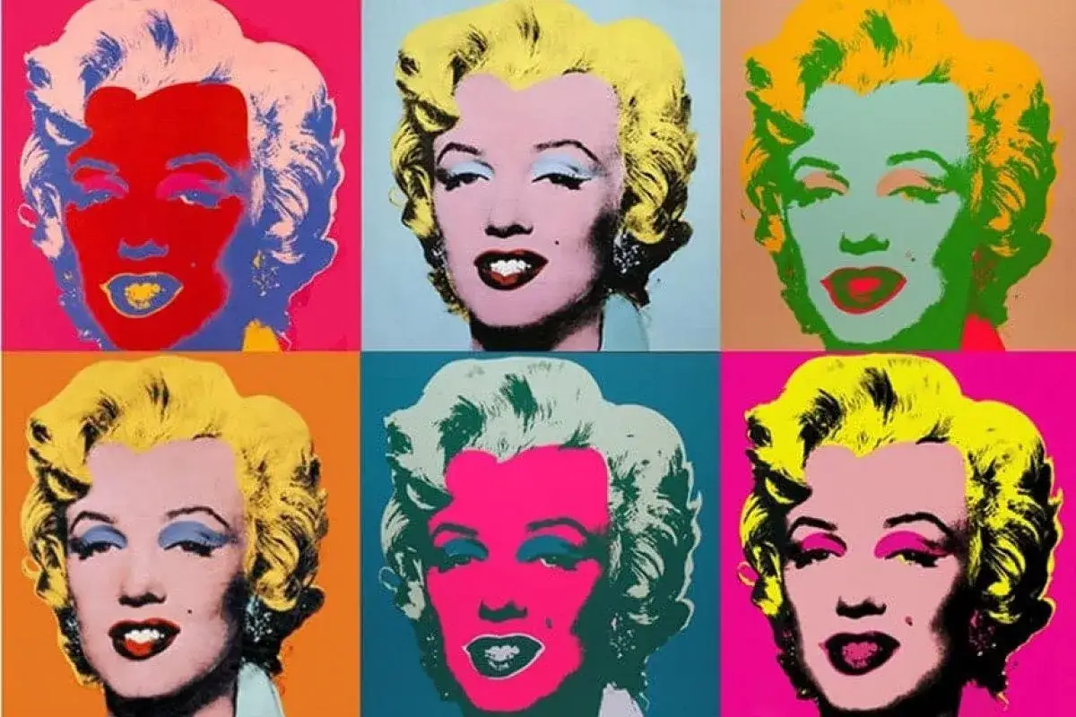 Sześć wcieleń Marilyn Monroe w jaskrawych kolorach, ikoniczne cechy pop artu.