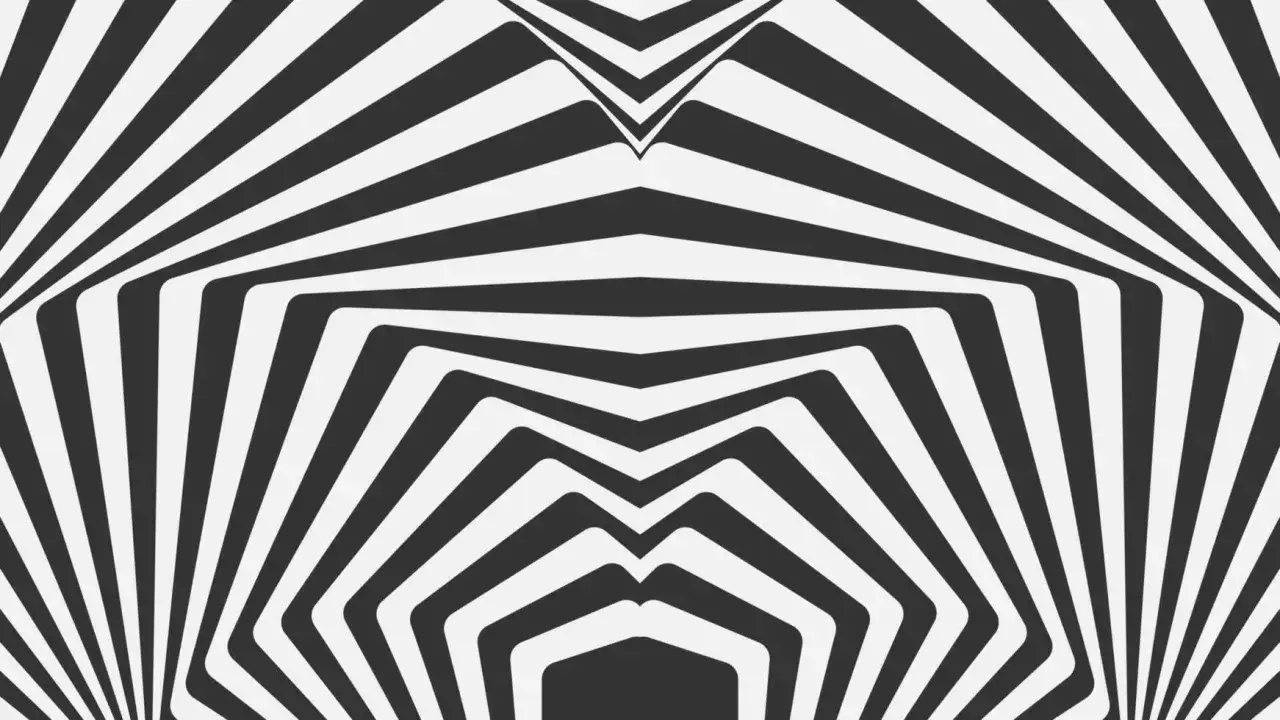 Abstrakcyjny wzór op art łatwy, tworzący iluzję głębi i ruchu dzięki czarno-białym, zakrzywionym liniom.