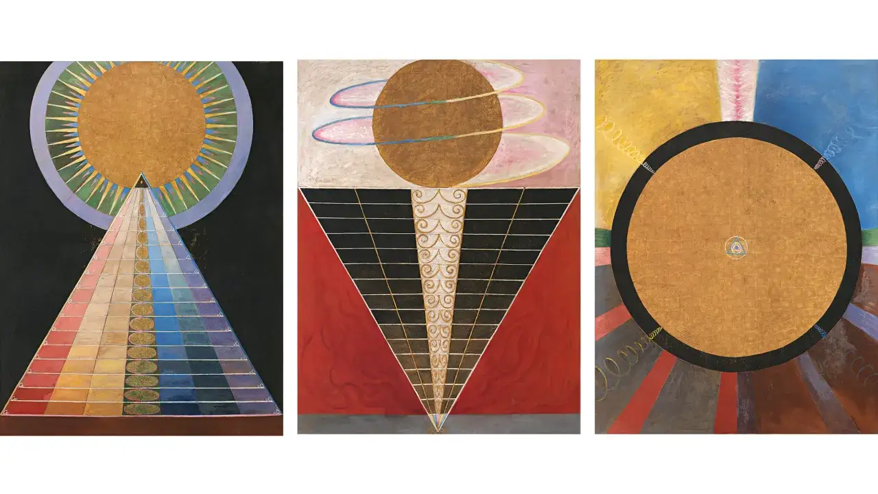 Hilma af Klint: trzy obrazy z geometrycznymi formami, słońcem, piramidami i kolorowymi pasami. Duchowe wizje artystki.