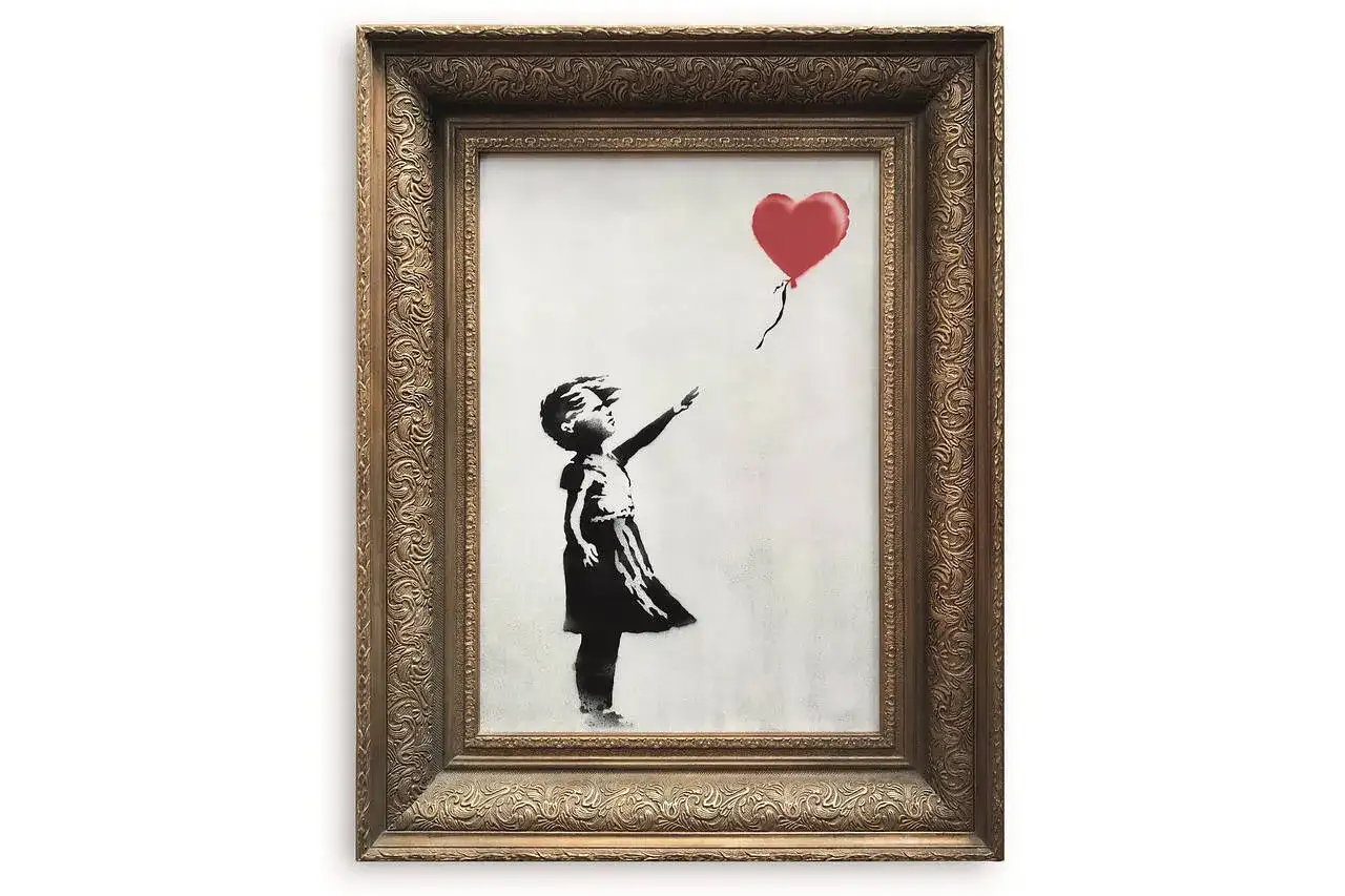 Banksy zniszczenie obrazu: dziewczynka z czerwonym balonem w kształcie serca, który ucieka.