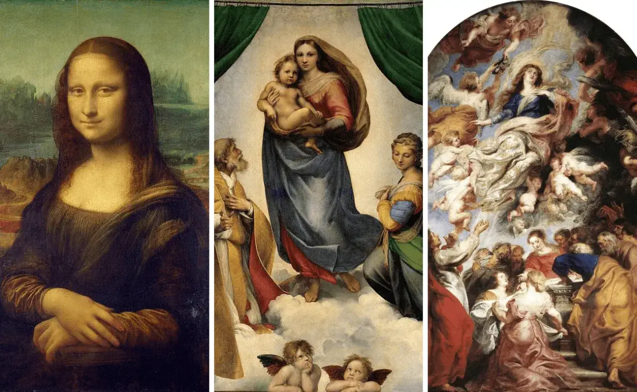 Mona Lisa, Madonna z Dzieciątkiem i Wniebowzięcie Maryi – przykłady malarstwa renesansu, cechy: realizm, harmonia, piękno.