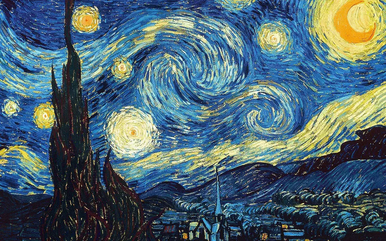 Gwiaździsta noc Van Gogha &ndash; znane obrazy łatwe do namalowania. Wirujące niebo, cyprys i miasteczko.