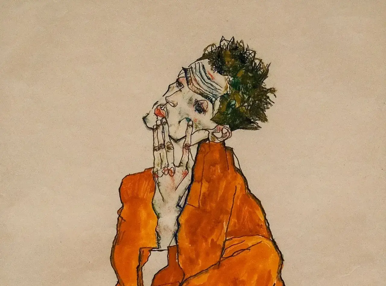 Intensywne emocje w dziełach Egona Schiele. Portret z dłonią przy ustach, w pomarańczowej kurtce.