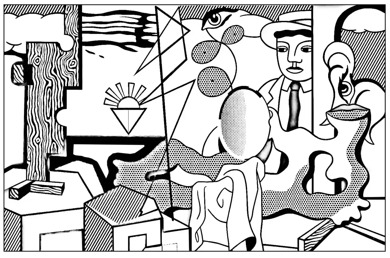Obraz w stylu pop art Roy Lichtensteina: geometryczne kształty, drzewo, słońce i postacie z charakterystycznymi kropkami.