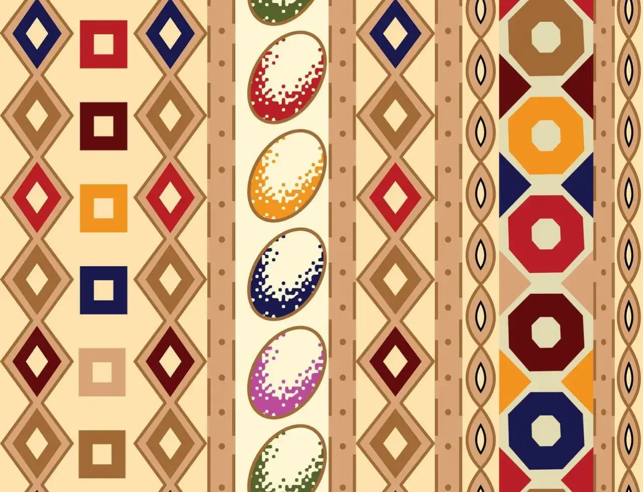 Wzór w stylu hard edge painting: geometryczne romby, kwadraty i wielokąty w żywych kolorach, tworzące etniczny, plemienny motyw.