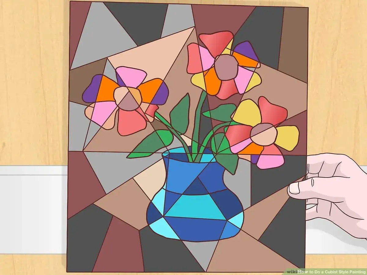Kolorowe, geometryczne kwiaty w wazonie, proste kubistyczne obrazy.