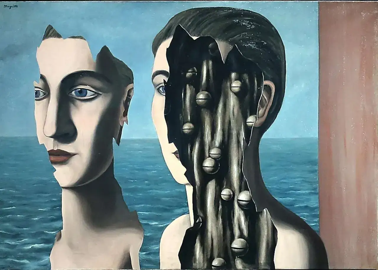 Dwa rozbite portrety, jeden z niebieskimi oczami, drugi z wnętrzem pełnym kulek, na tle morza. Obraz w stylu dadaizmu i surrealizmu.