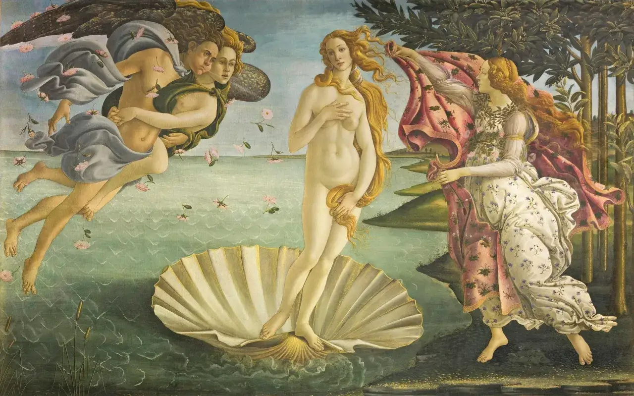 Narodziny Wenus, jedno z najsłynniejszych sandro botticelli dzieła. Wenus na muszli, wspierana przez Zefira i Flory.